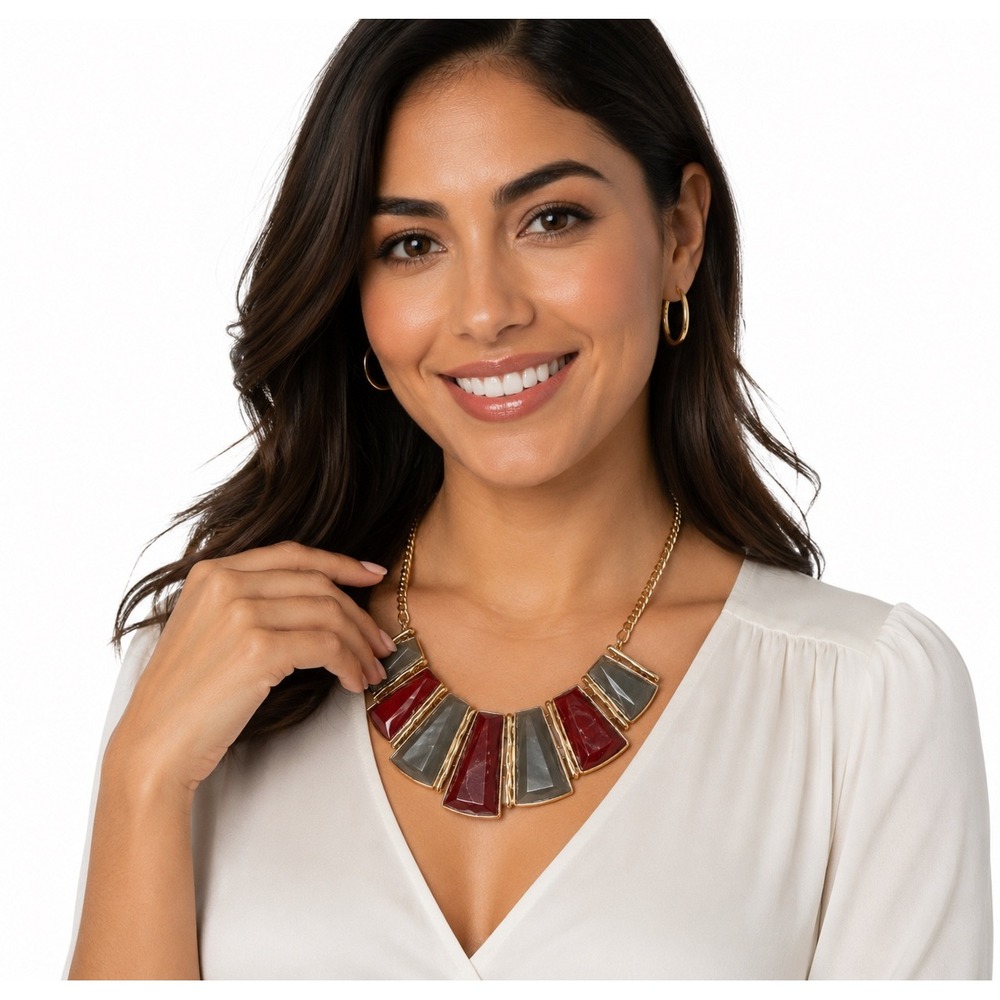 Gold Tone Geometric Bib Necklace Burgundy Olive Green Resin Trapezoid 103-159